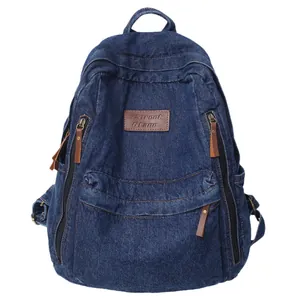 Grote blauwe denim rugzak met lederen patch voor school en reizen in Harajuku-stijl