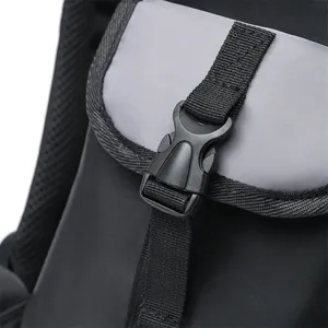 Detail view of durable nylon backpack showing side buckle and breathable mesh fabric