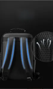 Detail of breathable honeycomb mesh shoulder straps on a black leather business backpack
