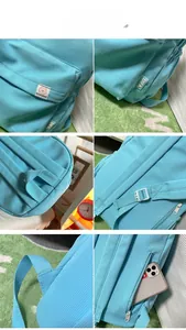 Detailed views of sky blue canvas backpack showing stitching, zippers and anti-theft pocket