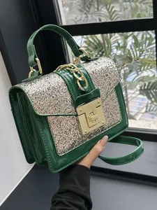 Green sequin leather small square bag with gold chain decoration and metal lock