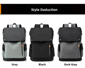Three casual backpacks in light grey, black, and dark grey with flap-top and orange zippers