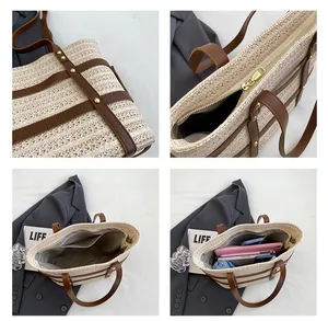 Interior view of large woven tote bag showing spacious capacity for phone and umbrella