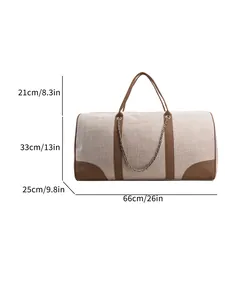 Detailed view of canvas travel tote dimensions with 66cm length and brown leather trim