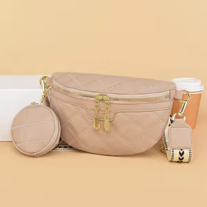 Damen Gesteppt Rauten Gürteltasche Brusttasche Mit Kleinem Münzfach Breitem Geometrischem Druckriemen PU Umhängetasche