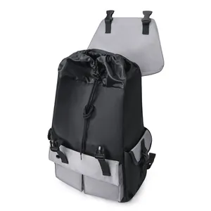 Detail of outdoor functional nylon backpack with drawstring closure and gray flap