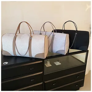 Women Large Capacity Canvas Weekender Bag Fashion Patchwork PU Leather Trim Travel Tote With Chain Detail Shoulder Bag