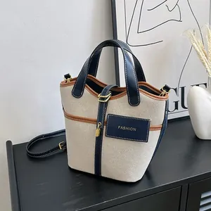 Women Retro Canvas PU Leather Patchwork Bucket Bag Minimalist Fashion Tote With Metal Lock Adjustable Shoulder Strap Daily Casual Handbag
