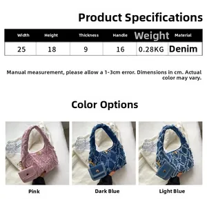 Size chart showing denim handbag dimensions 25x18x9cm and three color options