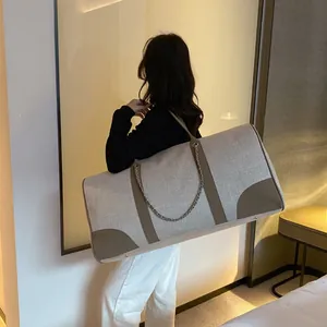 Extra large contrast canvas tote bag with brown leather handles for travel and commuting