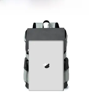 Detailed interior view of a grey backpack showing its large laptop storage capacity