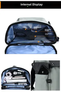 Detailed interior view of a gray travel backpack showing laptop and organizer compartments
