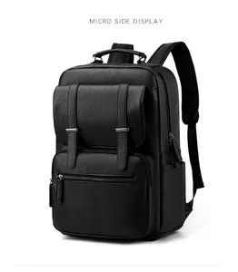 Micro side view of large capacity black PU leather business backpack with front pockets