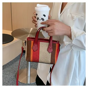 Fashionable striped canvas bag with red leather straps held by model in white suit