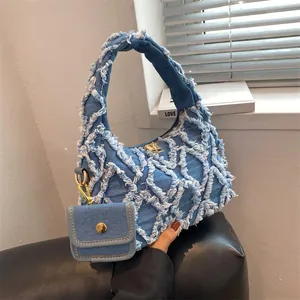 Vintage Denim Frayed Rhombic Pattern Handbag For Women With Mini Coin Purse Y2K Style Underarm Bag Gold Zipper Daily Shoulder Bag