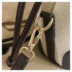Close-up of polished gold-tone lobster clasp and D-ring on a striped bucket bag