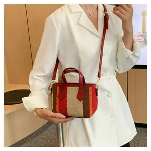 Detail of striped canvas handbag showing red leather strap and golden metal hooks