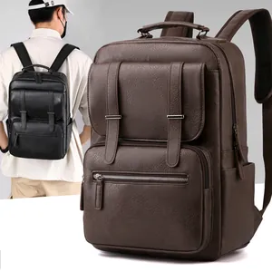 Large capacity brown and black PU leather backpack for business and leisure travel