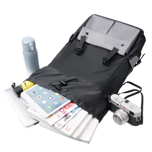 Internal view of the nylon backpack showing high capacity for laptops and daily essentials