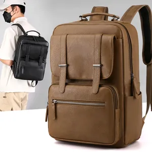 Brown leather laptop backpack with large capacity and vintage business style for commute