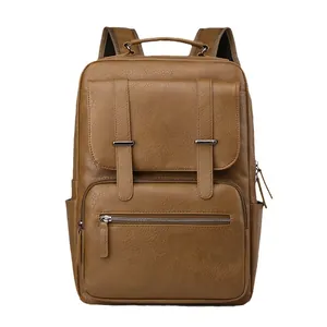Brown vintage business backpack in litchi textured PU leather with metal buckles