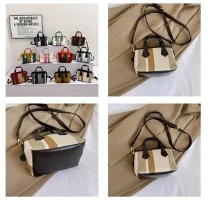Detailed views of mini striped canvas handbags with premium leather handles and straps