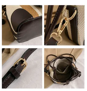 Detailed views of gold-tone hardware, stitching and internal pockets of the striped bucket bag
