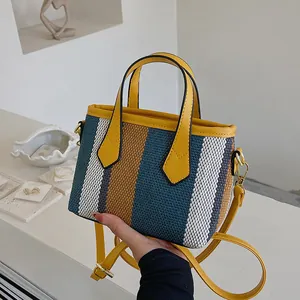 Women's Fashion Striped Canvas Bucket Bag Mini Woven Patchwork Handbag With Adjustable Strap Casual Crossbody Shoulder Bag