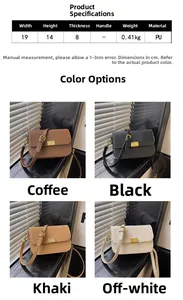 Detailed size chart and multi-color PU leather crossbody bag display for women
