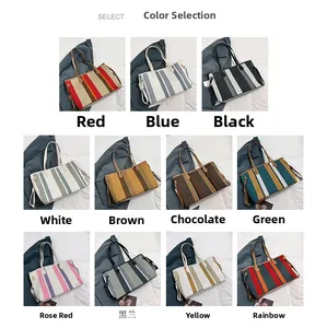 Detailed color selection guide for vertical striped canvas tote bags with leather handles