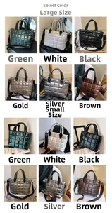 Puffer tote bags in various colors and sizes featuring quilted square pattern and straps