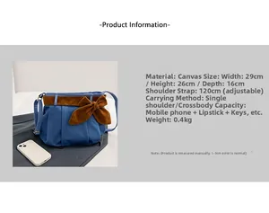 Blue canvas crossbody bag product details showing size 29x26x16cm and adjustable strap