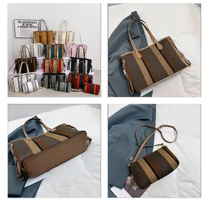 Gedetailleerde set meerkleurige gestreepte canvas tote bag met bijpassende crossbody tas dagelijks