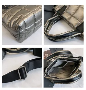 Dettaglio della borsa imbottita argento con trama trapuntata, zip e tracolla