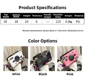 Size chart showing 18x10cm PU leather camera shape bag dimensions and strap length