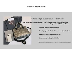 Detailed size comparison of quilted metallic puffer bags in gold showing large and small sizes
