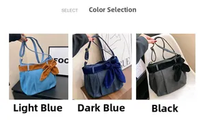 Detailed comparison of three color options showing large bow canvas shoulder bags