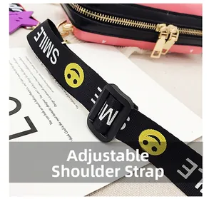 Close-up of adjustable shoulder strap with yellow smile pattern and metal zipper detail