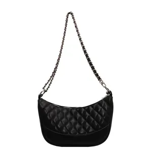 Black quilted hobo bag with silver chain strap and fashionable crescent moon design