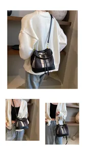 Detailed views of striped bucket bag showing drawstring closure and crossbody wearing styles