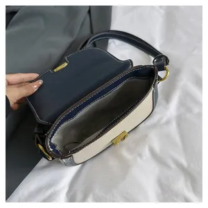 Detail of contrasting saddle bag showing interior compartment and golden metal buckle