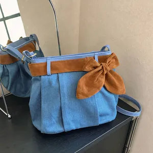Fashion Women Denim Canvas Shoulder Bag With Large Bow Patchwork Sweet Crossbody Bag Pleated Casual Large Capacity Tote