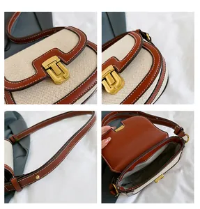 Detailed views of vintage contrast color saddle bag with leather stitching and gold buckle