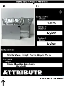 Detailed infographic of silver quilted nylon tote bag with 58cm width and weight specs