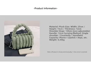 Detail view of grass green faux fur handbag with wavy pleated texture and chain strap