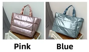 Detailed comparison of pink and blue quilted puffer tote bags with metallic finish
