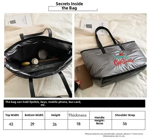 Tableau des tailles détaillé du grand sac cabas matelassé argenté haute capacité