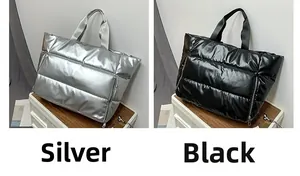 Detailed comparison of silver and black quilted down fabric tote bags with glossy finish