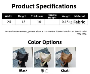 Size specifications and multi-color options for this minimalist canvas crescent crossbody bag