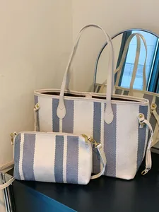 Gestreepte canvas shopper tas set met bijpassend etui en leren hengsels voor dames